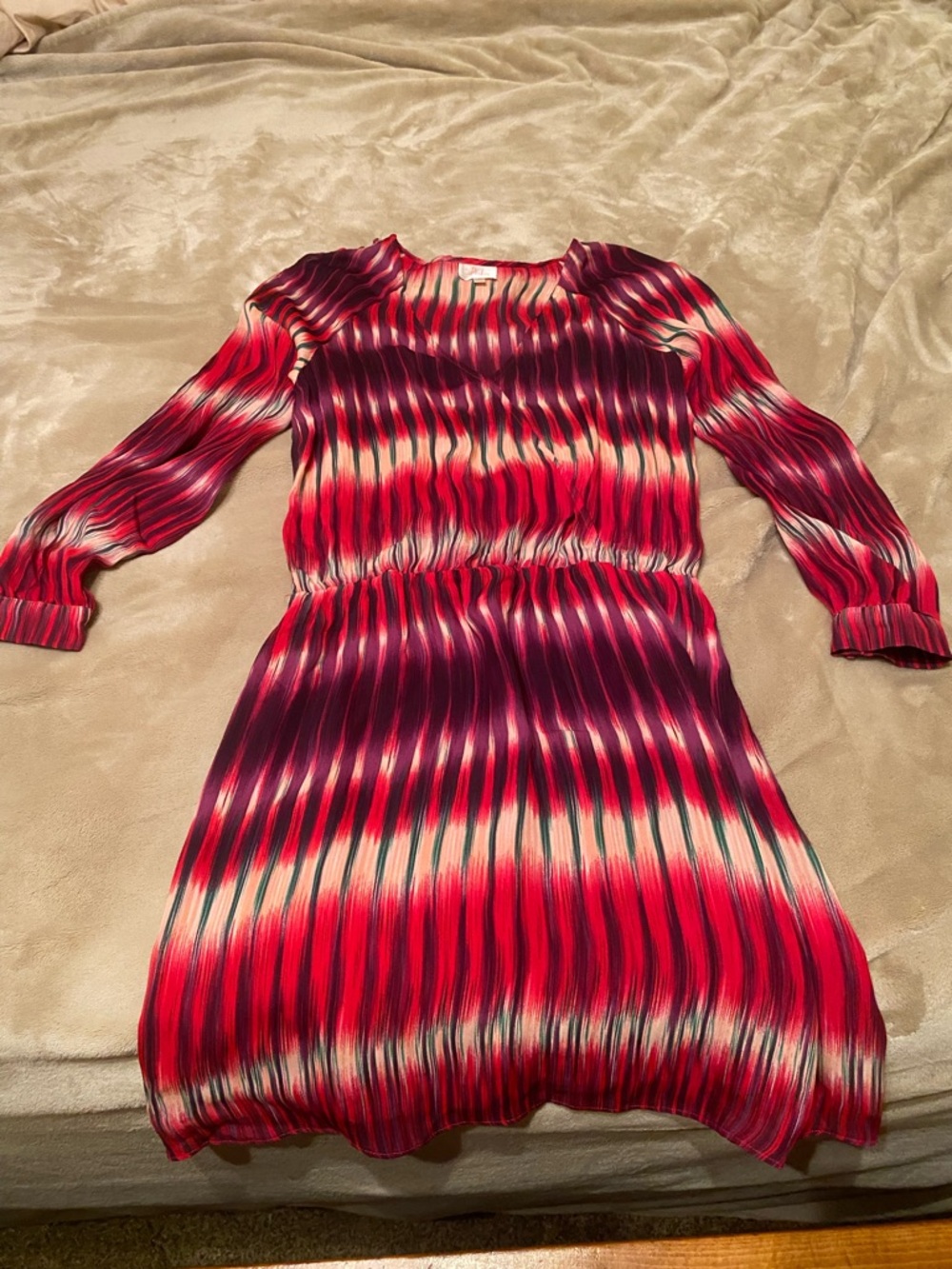 Parker Red and Plum Striped Pleated Long Sleeve Dress